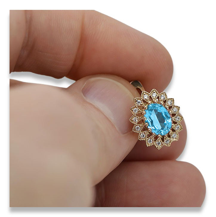 Vintage Aquamarine Earrings in 14K Rose Gold (vec125r-aq) — worn on the neckline, showing the drape