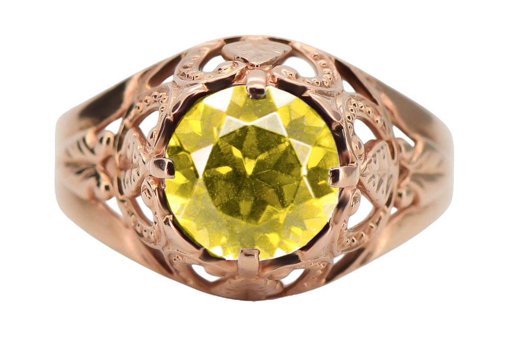 Vintage Yellow Peridot Ring in 14K Rose Gold (vrc080r-yp) — close-up of the hallmark on the inner band