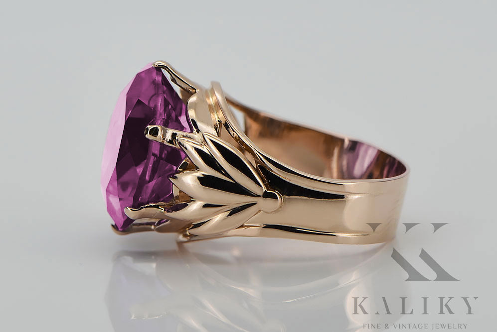 Vintage Amethyst Ring in 14K Rose Gold (vrc029r-am) — worn on the neckline, showing the drape