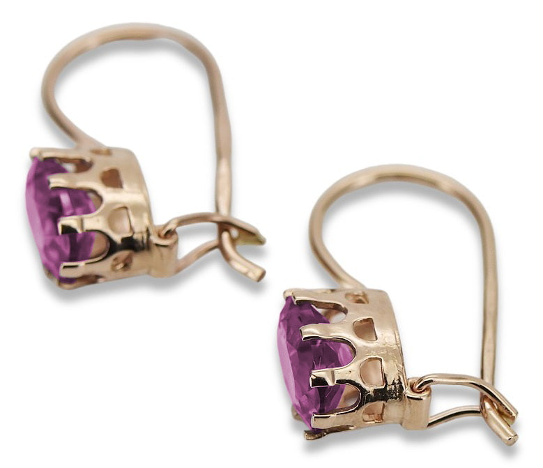 Vintage Amethyst Earrings in 14K Rose Gold (vec196r-am) — close-up of the stone and setting