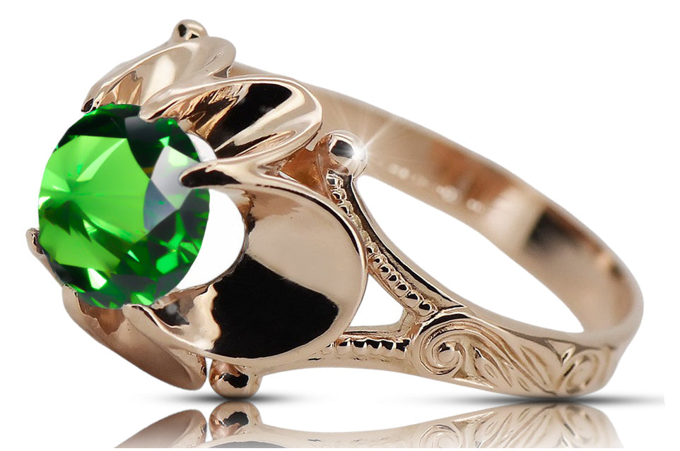 Vintage Emerald Ring in 14K Rose Gold (vrc377r-em) — worn on the neckline, showing the drape