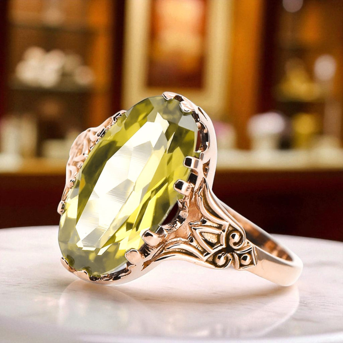 Vintage Yellow Peridot Ring in 14K Rose Gold (vrc058r-yp)
