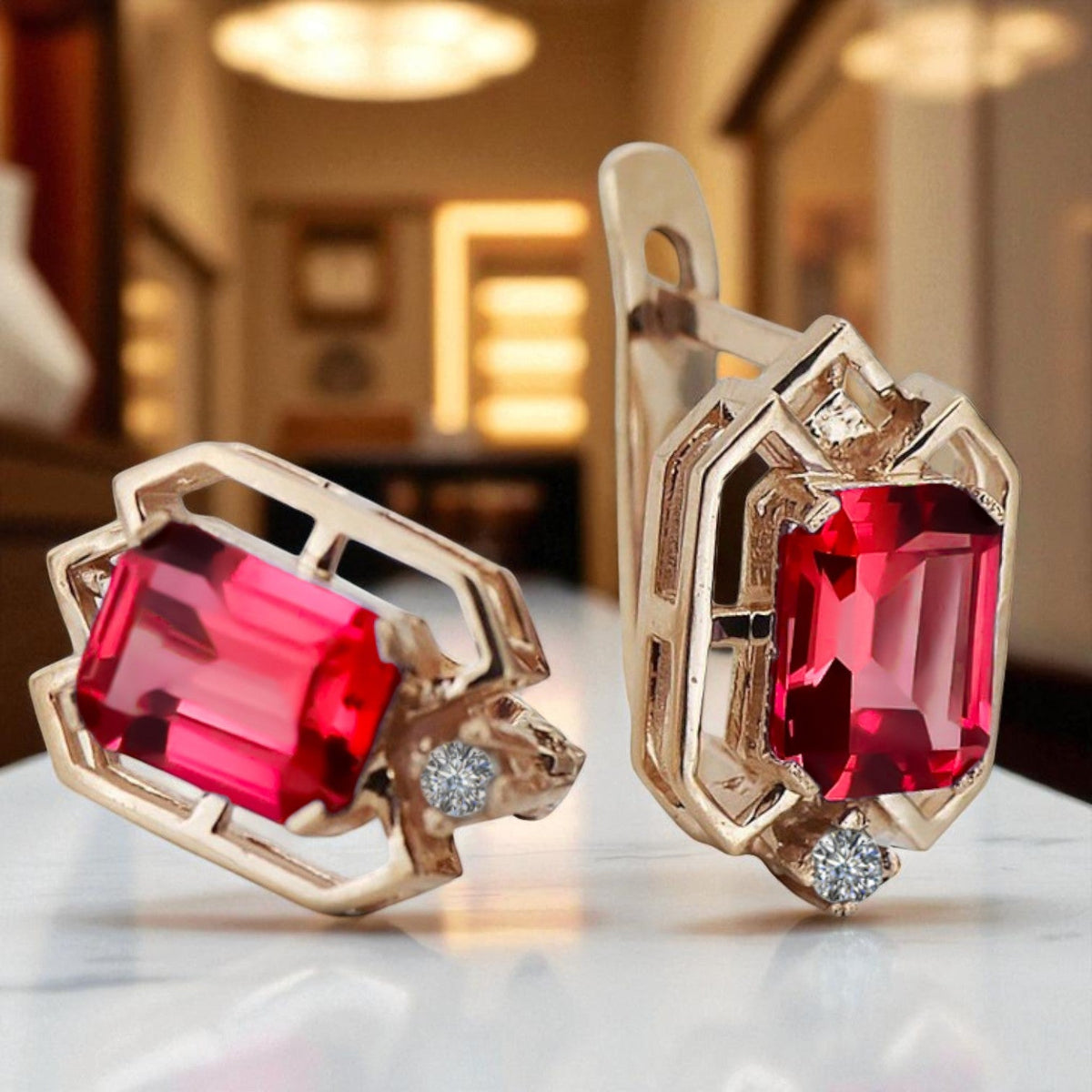 Vintage Ruby Diamonds Craft Earrings in 14K Rose Gold (vec020r-rb)