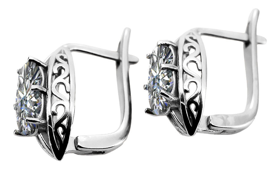 Vintage Zircon Earrings in Sterling Silver (vec141s-zi) — worn on the neckline, showing the drape