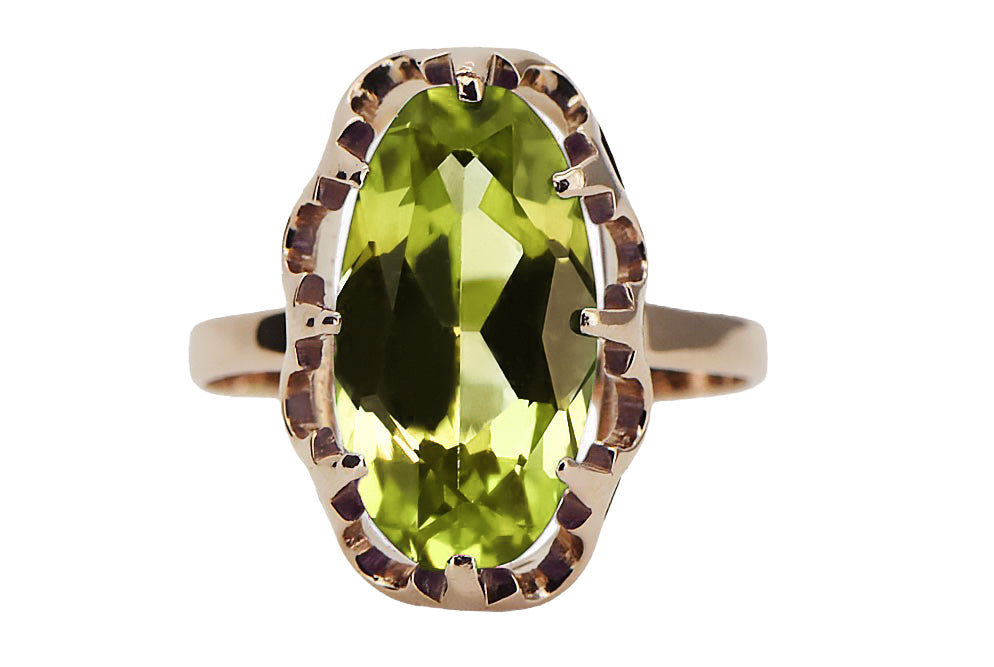 Vintage Yellow Peridot Craft Ring in 14K Rose Gold (vrc253r-yp) — worn on the neckline, showing the drape