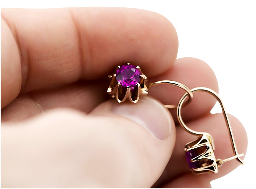 Vintage Amethyst Earrings in 14K Rose Gold (vec092r-am) — side view showing the setting
