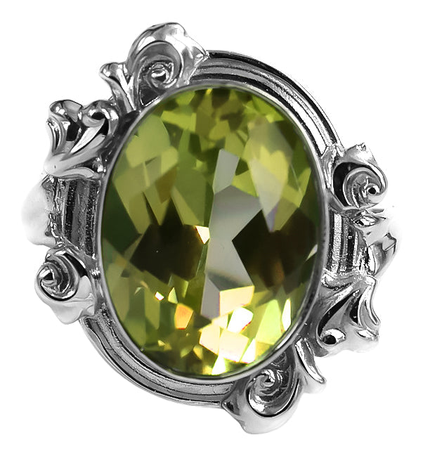 Vintage Yellow Peridot Craft Ring in Sterling Silver (vrc100s-yp) — close-up of the stone and setting