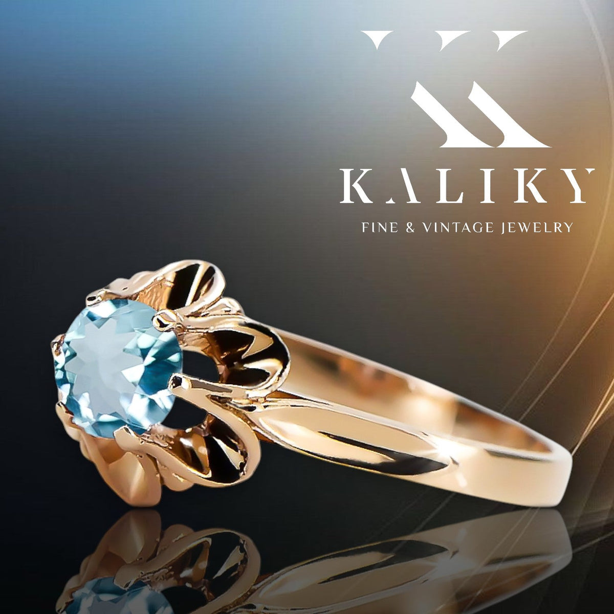 Vintage Aquamarine Ring in 14K Rose Gold (vrc004r-aq) — full view of the piece