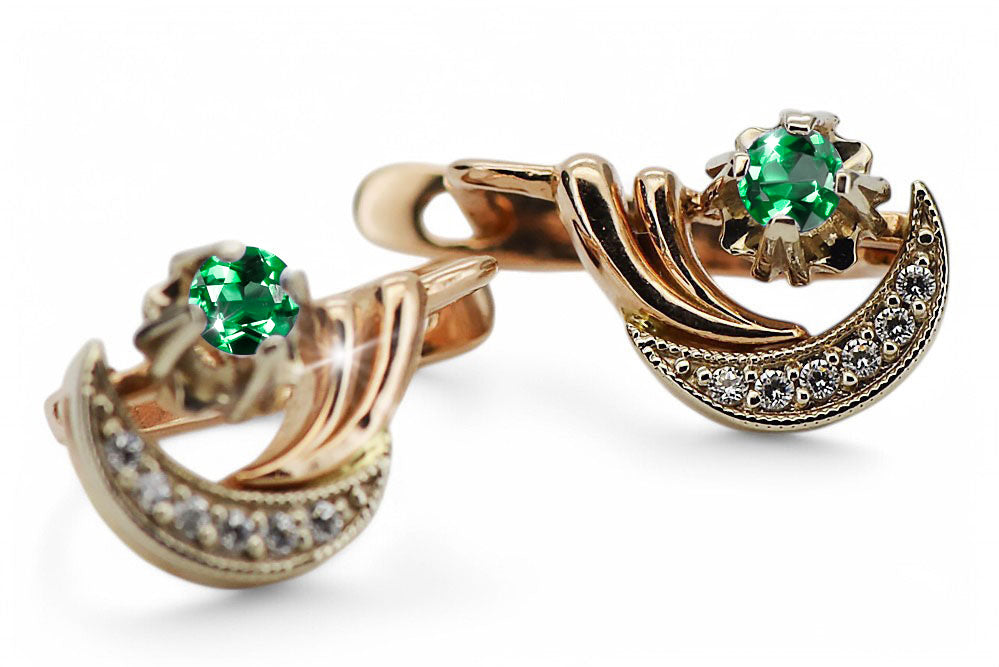 Vintage Emerald Earrings in 14K Rose & White Gold (vec093rw-em) — worn on the hand, showing profile