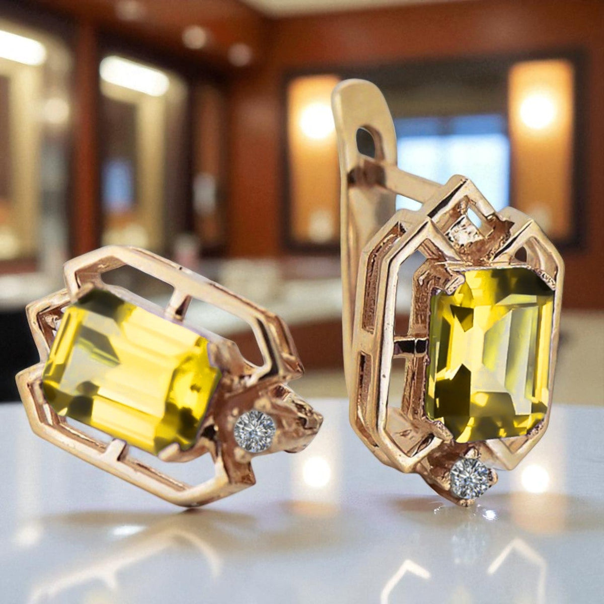 Vintage Yellow Peridot Diamonds Craft Earrings in 14K Rose Gold (vec020r-yp)