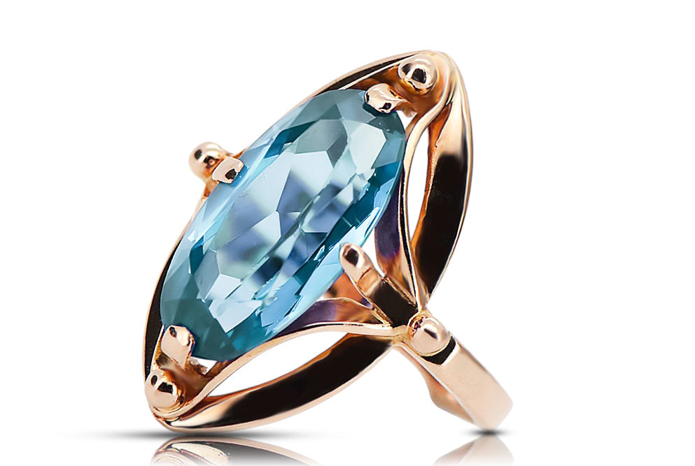 Vintage Aquamarine Ring in 14K Rose Gold (vrc047r-aq) — worn on the neckline, showing the drape