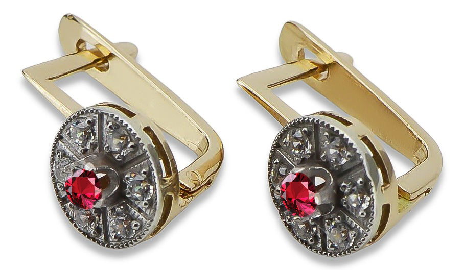 Vintage Ruby Earrings in 14K Yellow & White Gold (vec161yw-rb) — worn on the hand, showing profile