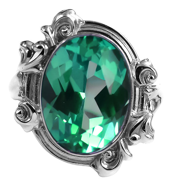 Vintage Emerald Oval Ring in Sterling Silver (vrc100s-em) — close-up of the stone and setting