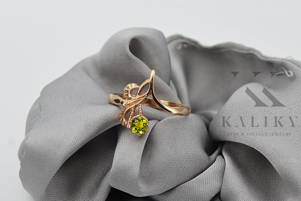 Vintage Yellow Peridot Ring in 14K Rose Gold (vrc095r-yp) — close-up of the hallmark on the inner band