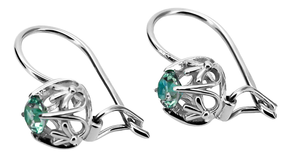 Vintage Emerald Earrings in Sterling Silver (vec145s-em) — close-up of the stone and setting