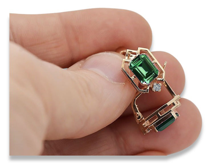 Vintage Emerald Diamonds Craft Earrings in 14K Rose Gold (vec020r-em) — full view of the piece