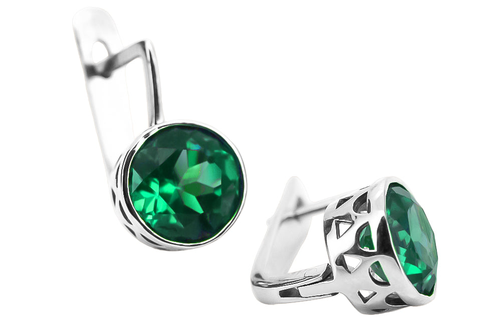 Vintage Emerald Earrings in Sterling Silver (vec107s-em) — close-up of the stone and setting