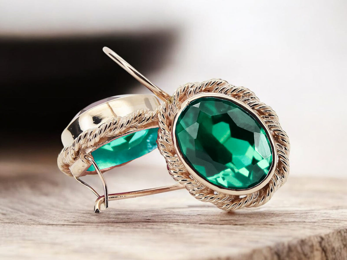 Vintage Emerald Craft Earrings in 14K Rose Gold (vec007r-em) — full view of the piece