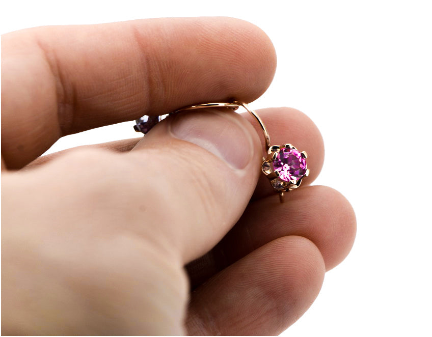 Vintage Amethyst Earrings in 14K Rose Gold (vec019r-am) — side view showing the setting