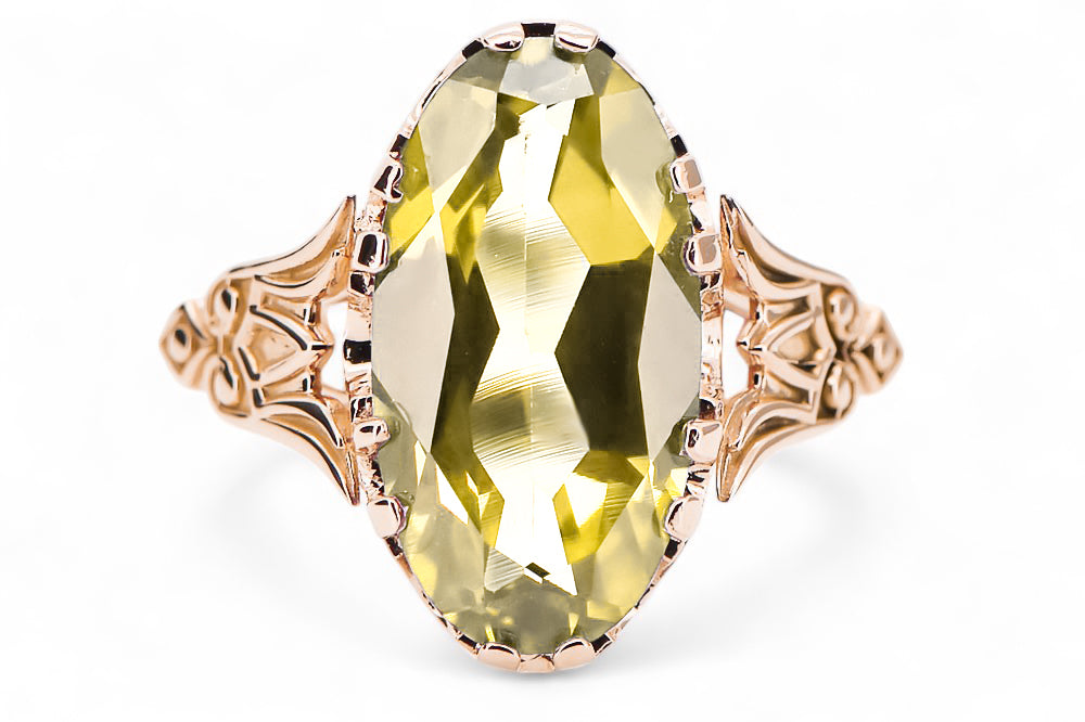 Vintage Yellow Peridot Ring in 14K Rose Gold (vrc058r-yp) — close-up of the stone and setting