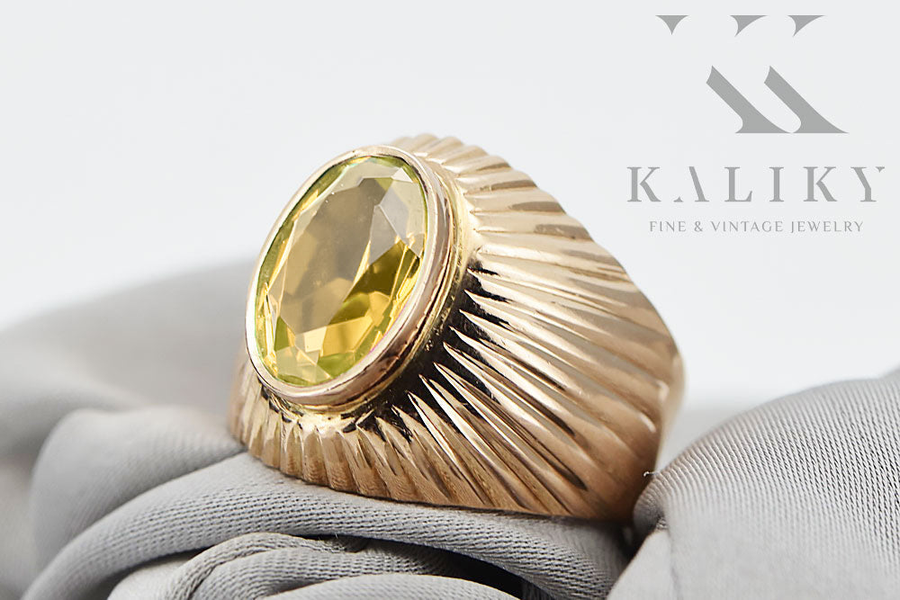 Vintage Yellow Peridot Ring in 14K Rose Gold (vrc127r-yp) — close-up of the hallmark on the inner band