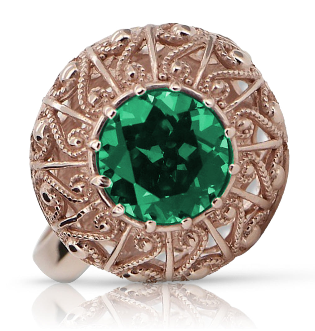 Vintage Emerald Round Womens Ring in 14K Rose Gold (vrc059r-em) — full view of the piece