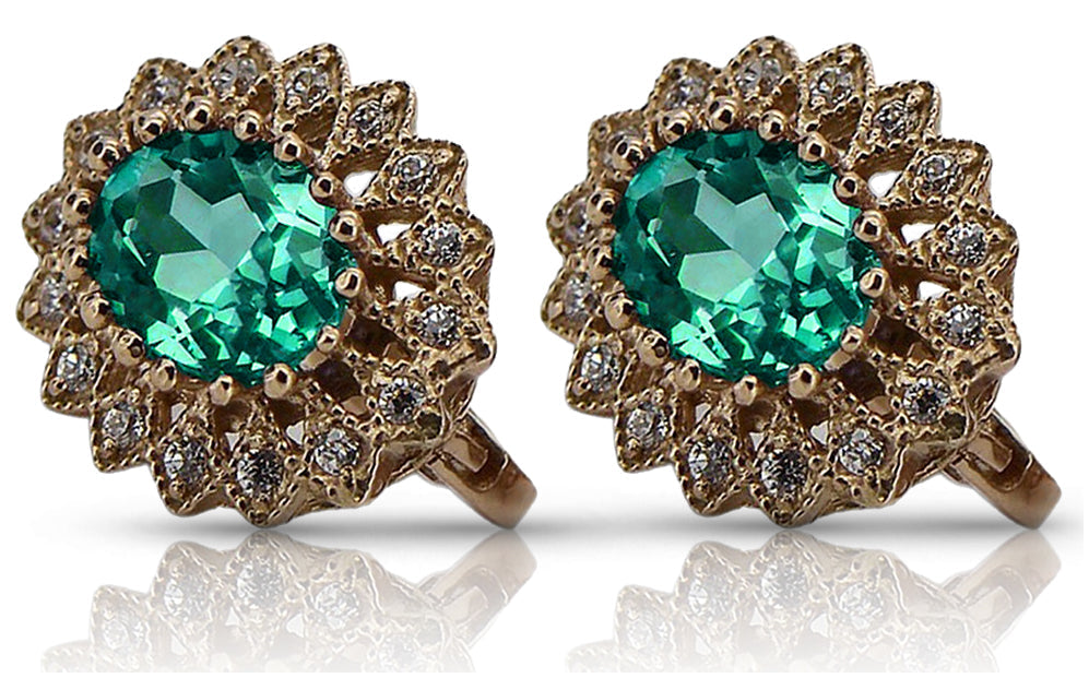 Vintage Emerald Earrings in 14K Rose Gold (vec125r-em) — close-up of the stone and setting