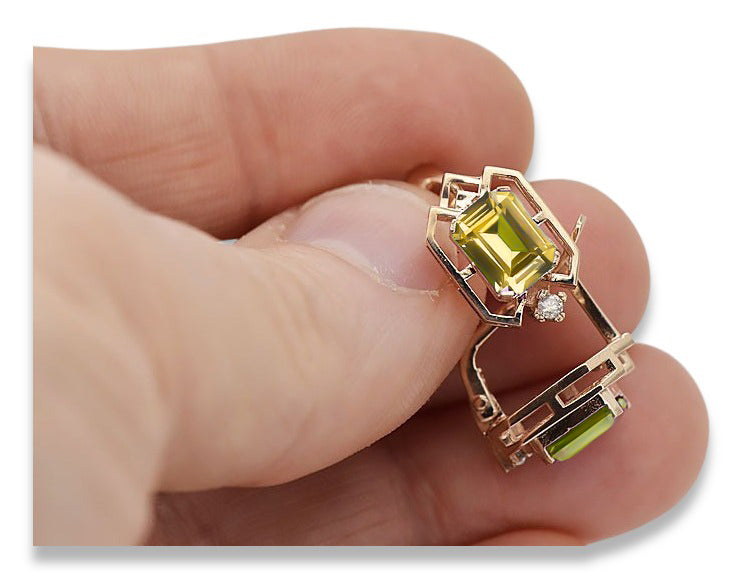 Vintage Yellow Peridot Diamonds Craft Earrings in 14K Rose Gold (vec020r-yp) — back view with the clasp