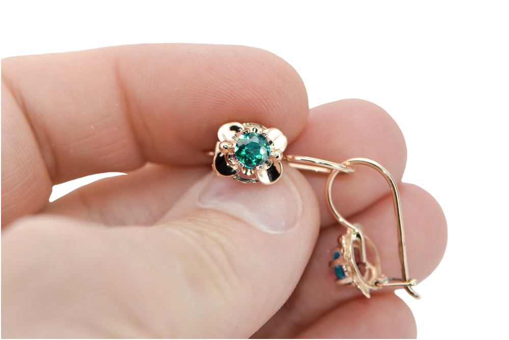 Vintage Emerald Earrings in 14K Rose Gold (vec116r-em) — close-up of the hallmark on the inner band