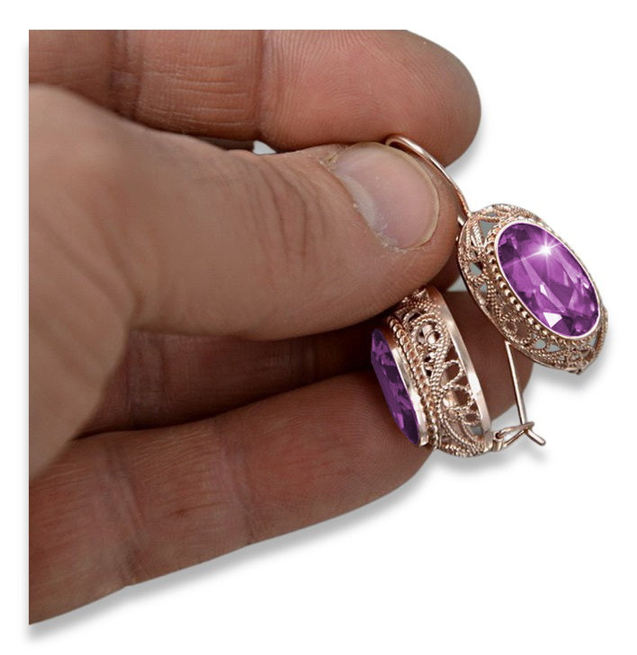 Vintage Amethyst Earrings in 14K Rose Gold (vec023r-am) — side view showing the setting