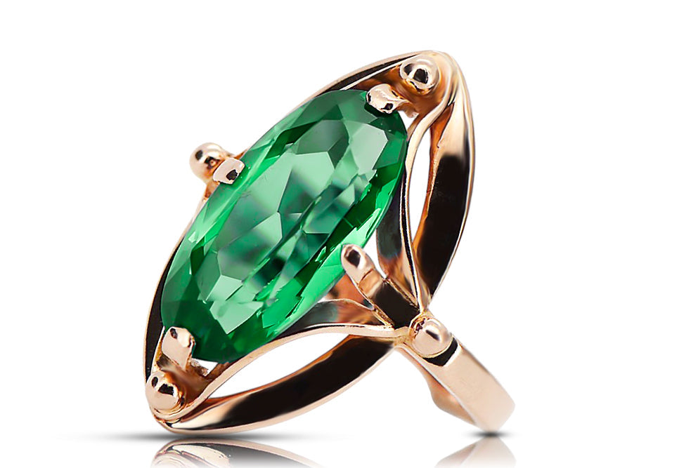 Vintage Emerald Ring in 14K Rose Gold (vrc047r-em) — worn on the neckline, showing the drape