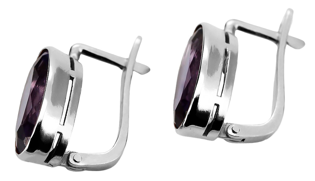 Vintage Alexandrite Oval Earrings in Sterling Silver (vec001s-ax) — close-up of the stone and setting