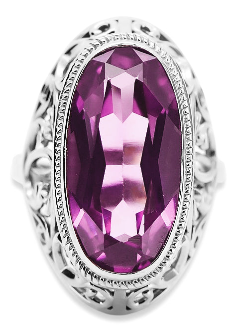 Vintage Amethyst Ring in Sterling Silver (vrc184s-am) — worn on the neckline, showing the drape