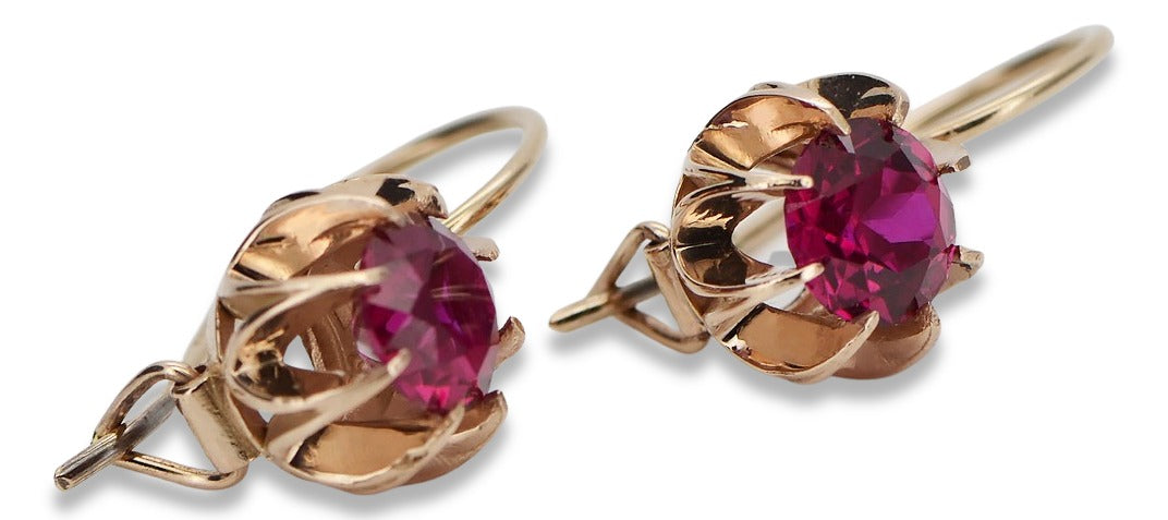 Vintage Ruby Earrings in 14K Rose Gold (vec062r-rb) — close-up of the stone and setting
