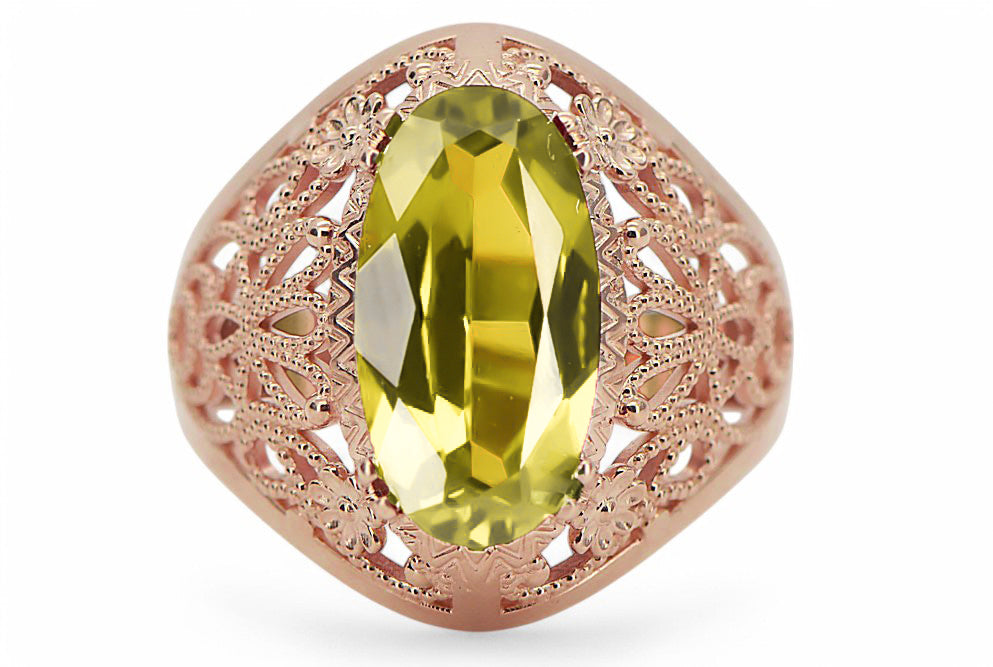 Vintage Yellow Peridot Ring in 14K Rose Gold (vrc074r-yp) — worn on the neckline, showing the drape