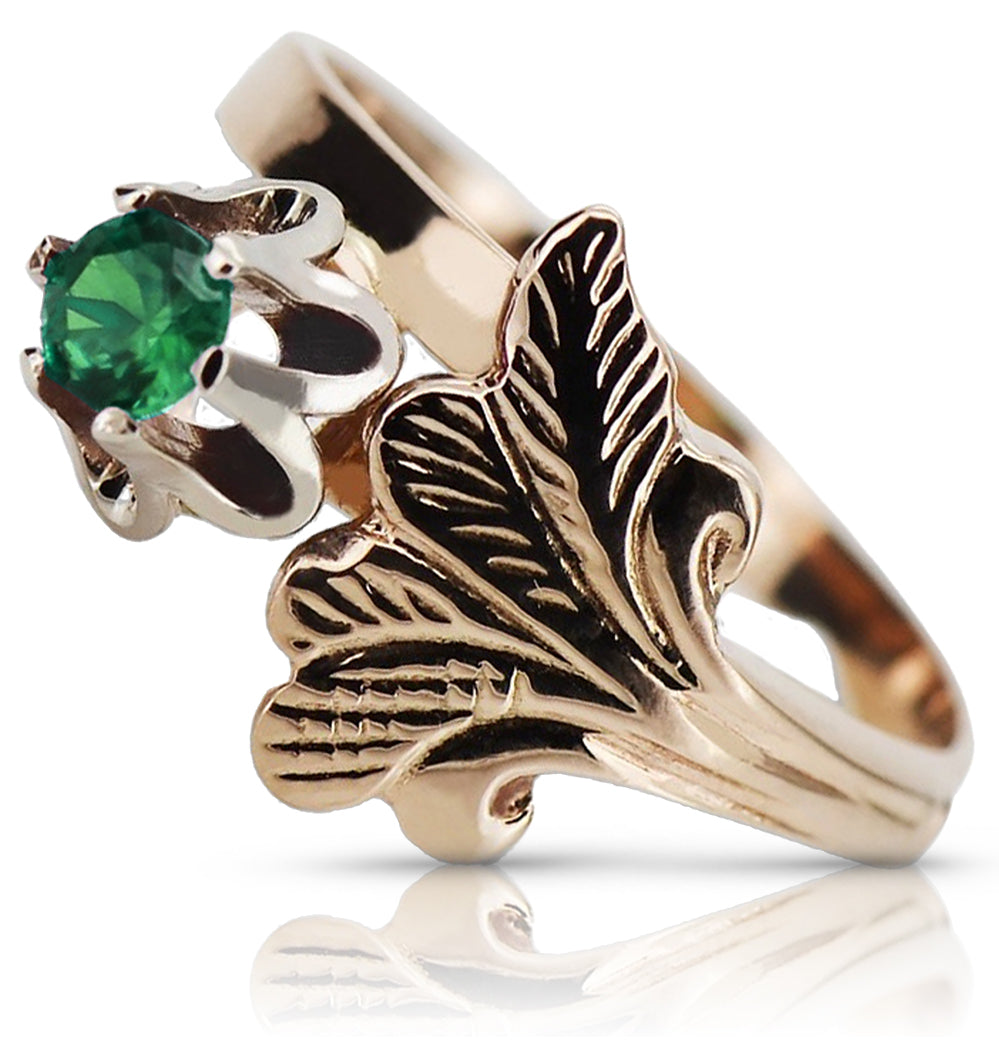 Vintage Emerald Ring in 14K Rose Gold (vrc169r-em) — worn on the neckline, showing the drape