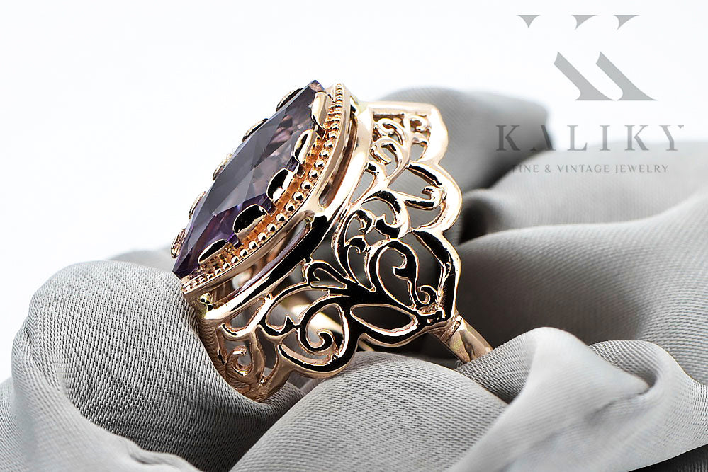 Vintage Alexandrite Marquise Ring in 14K Rose Gold (vrc017r-ax) — worn on the neckline, showing the drape