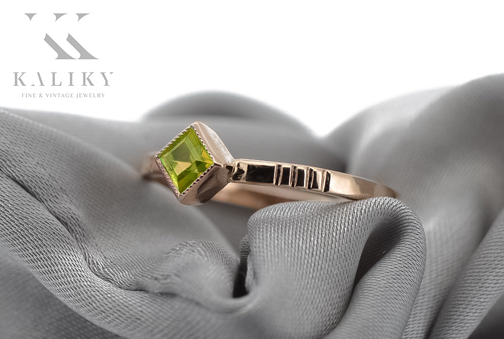 Vintage Yellow Peridot Ring in 14K Rose Gold (vrc138r-yp) — close-up of the hallmark on the inner band