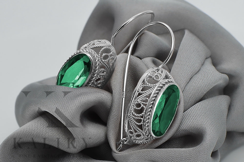 Vintage Emerald Earrings in Sterling Silver (vec023s-em) — close-up of the hallmark on the inner band