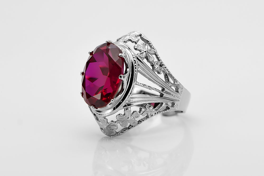 Vintage Ruby Ring in Sterling Silver (vrc031s-rb) — close-up of the stone and setting