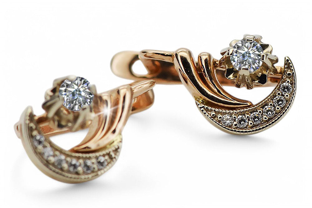 Vintage Zircon Earrings in 14K Rose & White Gold (vec093rw-zi) — worn on the hand, showing profile