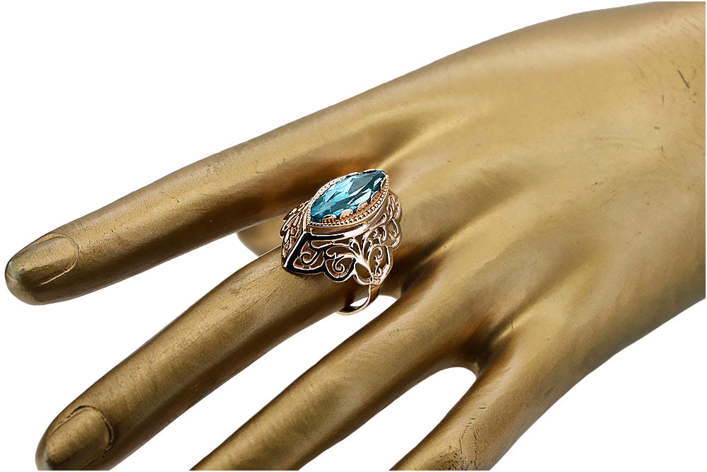Vintage Aquamarine Ring in 14K Rose Gold (vrc017r-aq) — worn on the hand, showing profile
