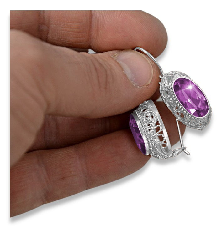 Vintage Amethyst Earrings in Sterling Silver (vec023s-am) — side view showing the setting