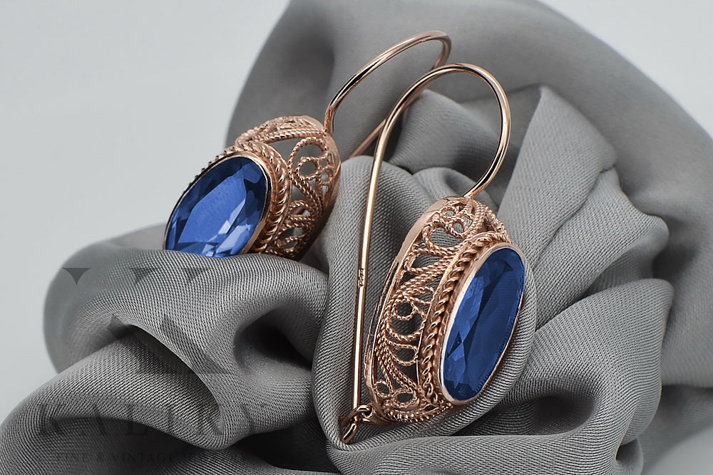 Vintage Sapphire Oval Cut Earrings in 14K Rose Gold (vec023r-sp) — full view of the piece