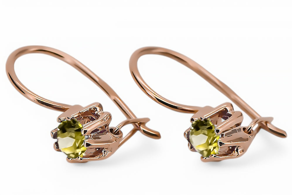 Vintage Yellow Peridot Earrings in 14K Rose Gold (vec053r-yp) — close-up of the stone and setting