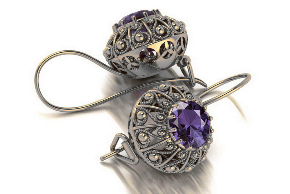 Vintage Alexandrite Earrings in Sterling Silver (vec002s-ax) — worn on the neckline, showing the drape