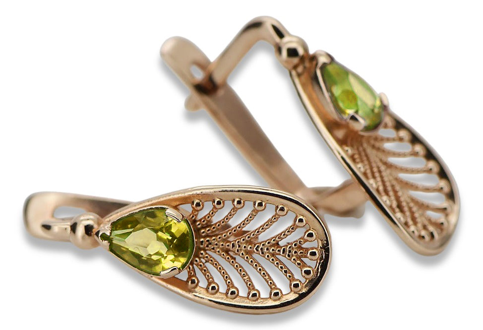 Vintage Yellow Peridot Earrings in 14K Rose Gold (vec067r-yp) — side view showing the setting