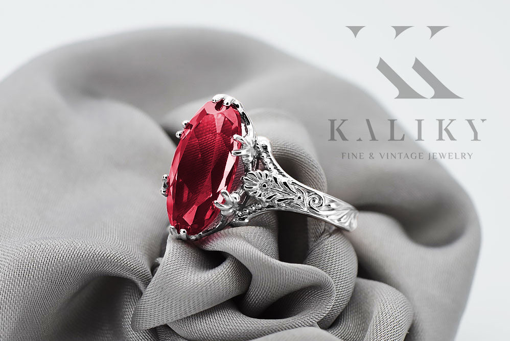Vintage Ruby Ring in Sterling Silver (vrc084s-rb) — worn on the hand, showing profile