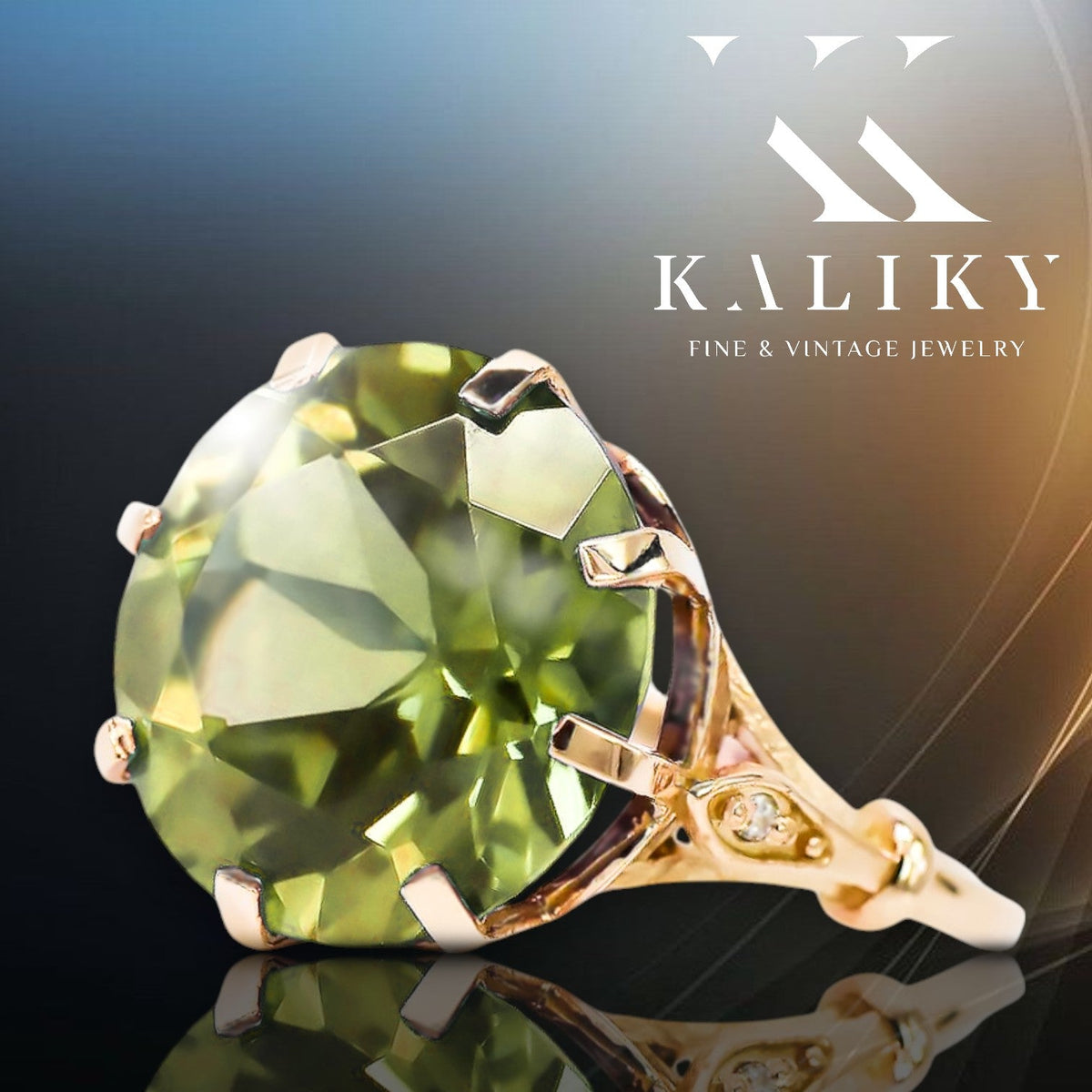Vintage Yellow Peridot Ring in 14K Rose Gold (vrc073r-yp) — side view showing the setting