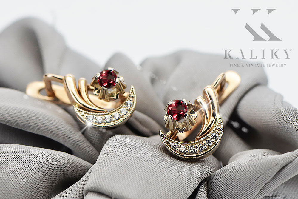 Vintage Ruby Craft Earrings in 14K Rose & White Gold (vec093rw-rb) — worn on the neckline, showing the drape